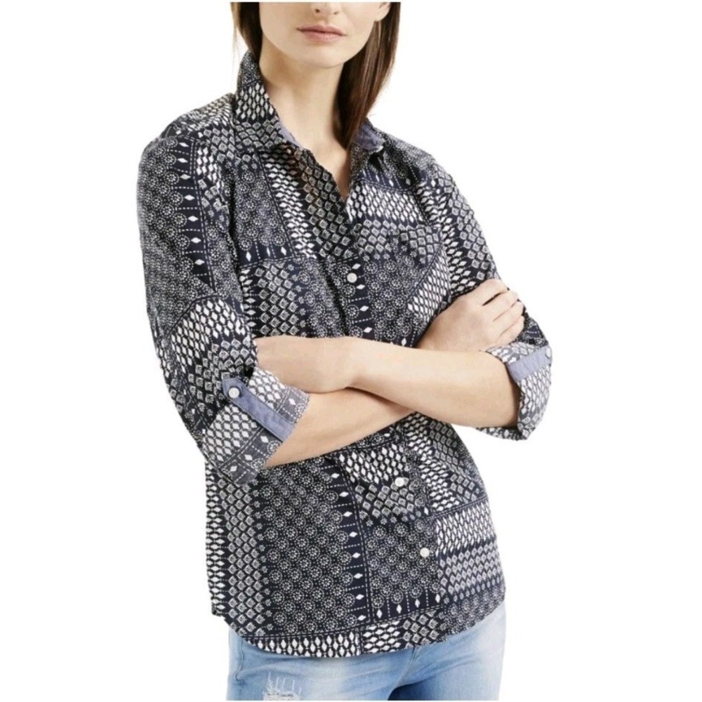 Tommy Hilfiger Navy White Daisy Roll Tab Cotton Preppy Button Up Shirt‎ Size 2XL